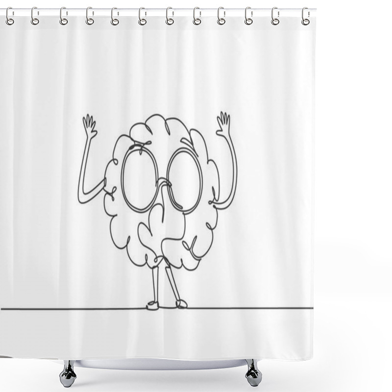 Personality  One Single Line Drawing Of Nerd Human Brain Wearing Round Retro Glasses Logo Identity. Old Funny Cute Character Icon Logotype Concept. Dynamic Continuous Line Draw Graphic Design Vector Illustration Shower Curtains