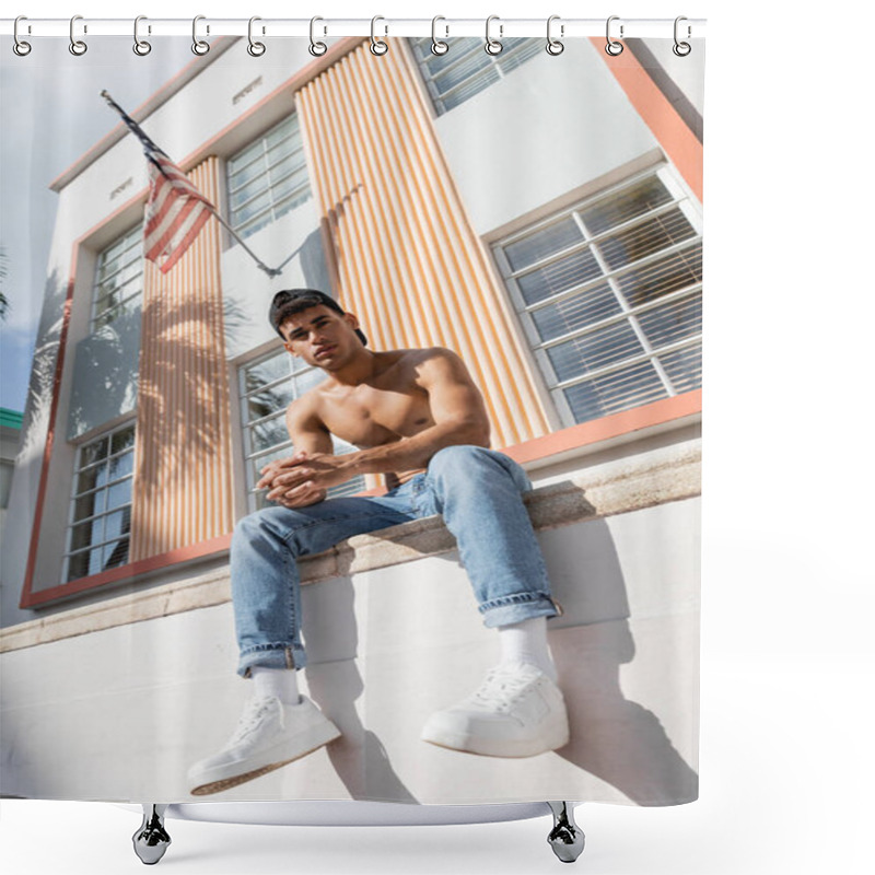 Personality  Cuban Man With Muscular Body Posing In Baseball Cap And Jeans On Street In Miami In Summer Day Shower Curtains