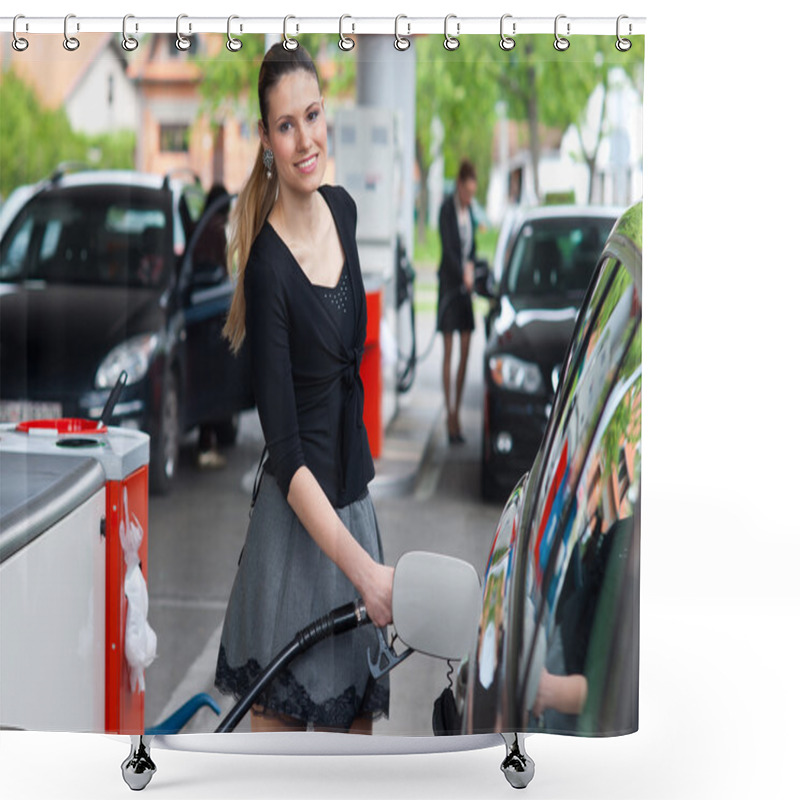 Personality  Woman In Petrol Station Shower Curtains