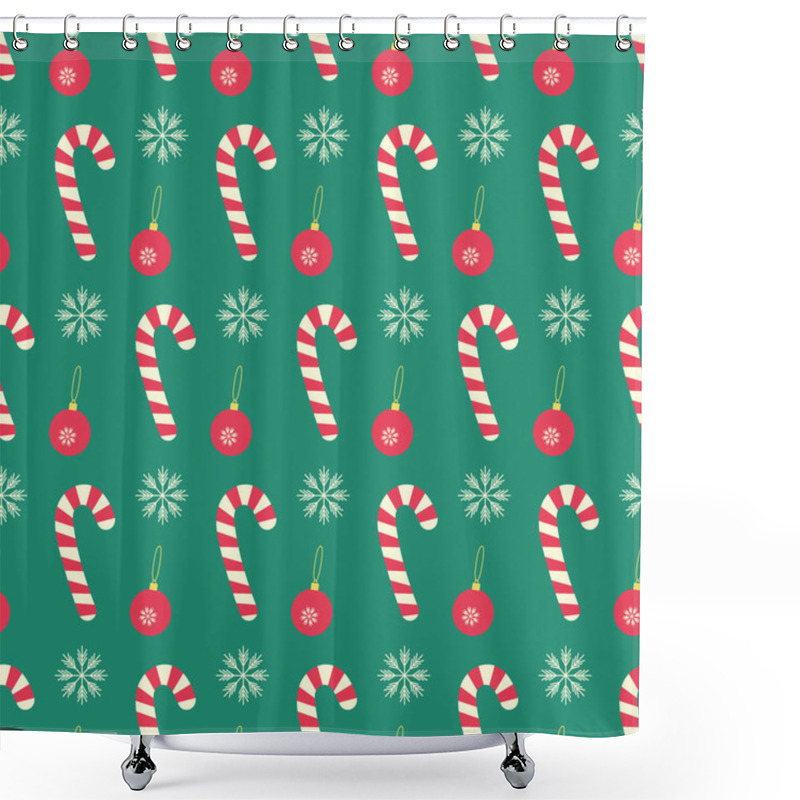 Personality  Striped Candy Canes, Snowflakes And Christmas Tree Toys Seamless Pattern In Trendy New Year Shades. Wrapping, Wallpaper Or Web, Poster, Banner, Cards, Label, Leaflets Background Vector Illustration  Shower Curtains