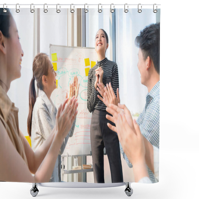 Personality  Smart Asian Business Female Leader In A Casual Meeting With Her Teamwork Colleagues At The Modern Desogn Office Presenting Sales Strategy Plan And Data Or Forecast For A Project Goal Schedule Shower Curtains