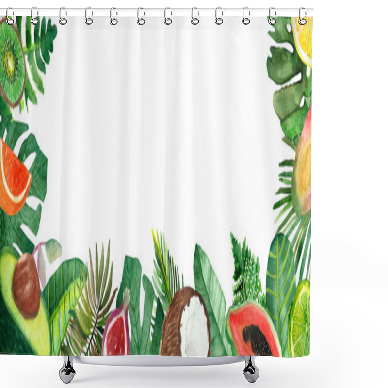 Personality  Watercolor Hand Painted Nature Tropical Border Frame With Green Palm Leaves, Avocado, Mango, Lemon, Lime, Orange, Kiwi, Papaya, Coconut, Fig Fruits On The White Background For Invite And Greeting Card Shower Curtains