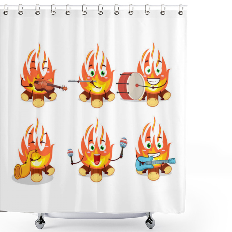 Personality  Cartoon Character Of Bonfire Playing Some Musical Instruments. Vector Illustration Shower Curtains