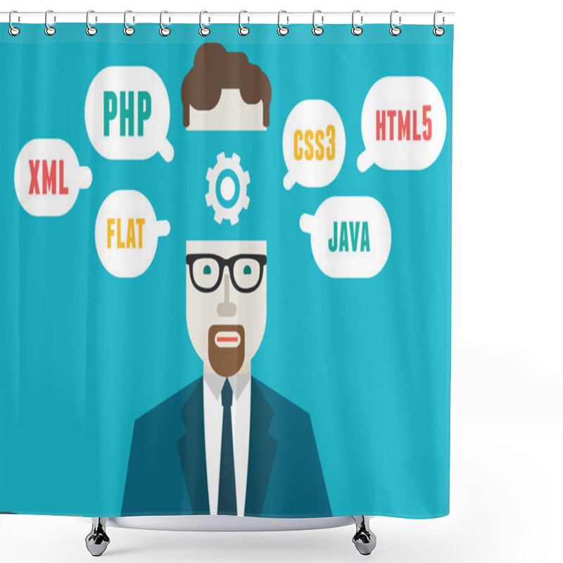 Personality  Flat Vector Illustration Of Programmer And Process Coding And Programming. Workflow And Planning Shower Curtains