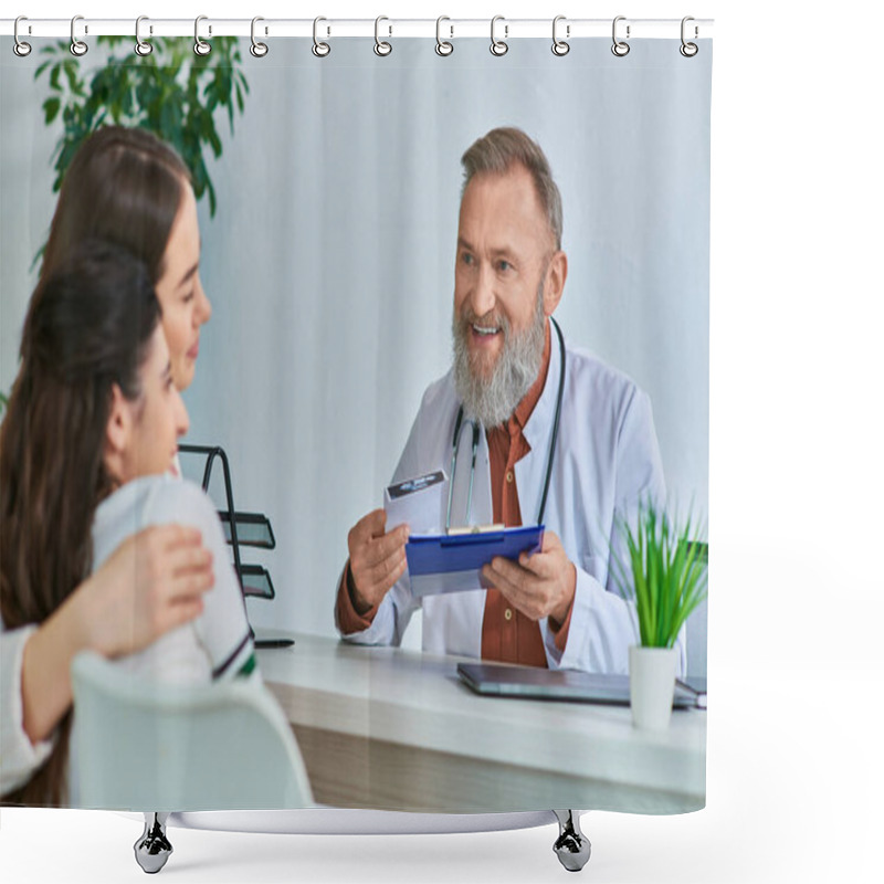 Personality  Cheerful Grey Bearded Doctor Talking To Hugging Lgbt Couple That Smiling Sincerely, Ivf Concept Shower Curtains