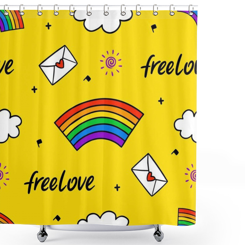 Personality  Never Ending Cute Doodle Pattern With Lgbt Rainbow, Hearts, Text, Clouds And Sunshine. Gay Pride. Pride Month. Love, Freedom, Support, Lgbtq+  Shower Curtains