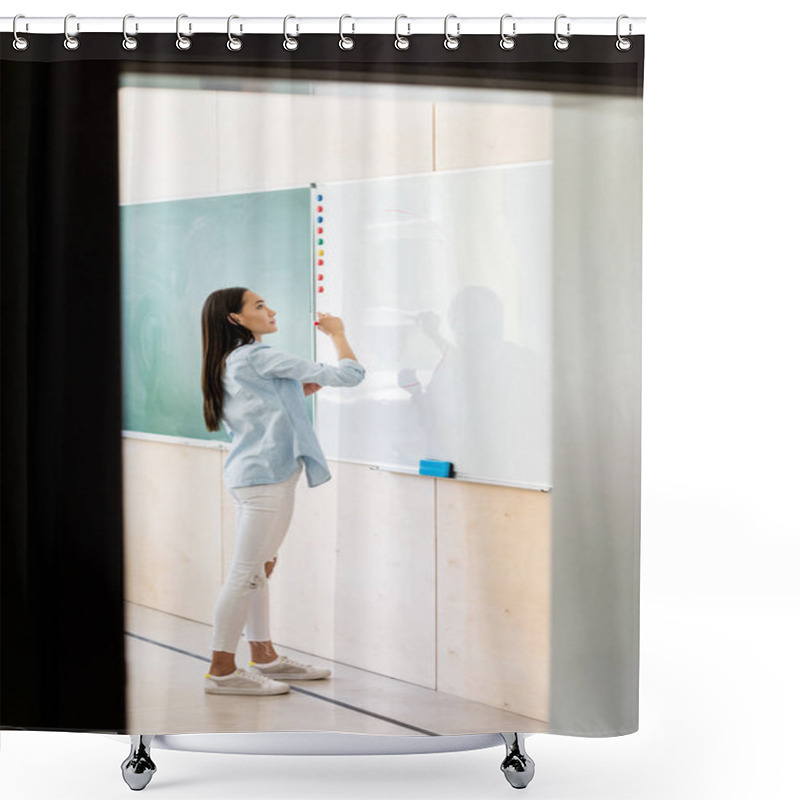 Personality  Thoughtful Asian Student Girl Writing On Whiteboard During Lesson Shower Curtains