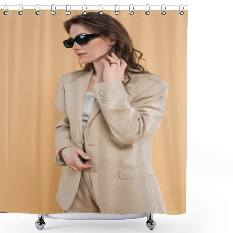 Personality  Fashion Trend Concept, Young Woman With Wavy Hair Standing In Fashionable Suit And Sunglasses On Beige Background, Classic Style, Chic Stylish Posing, Professional Attire, Formal Attire  Shower Curtains