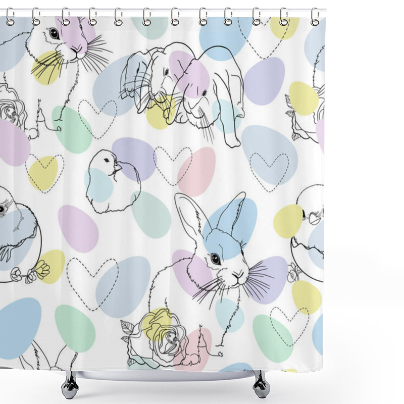 Personality  Pastel Easter Pattern With Rabbits, Chicks, And Hearts. Seamless Bunny And Chick Design With Colorful Eggs. Hand-Drawn Animals And Hearts Pattern In Pastel Colors Shower Curtains