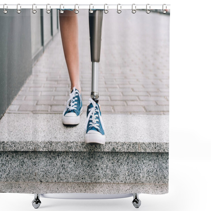 Personality  Cropped View Of Disabled Woman With Prosthetic Leg On Street Shower Curtains