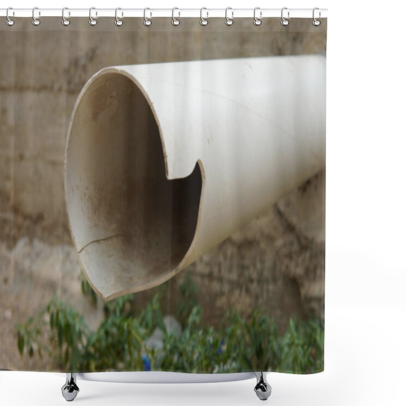 Personality  A Closeup Of An Irregularly Cut White PVC Pipe On A Concrete Wall Showing Wear And Greenery Shower Curtains