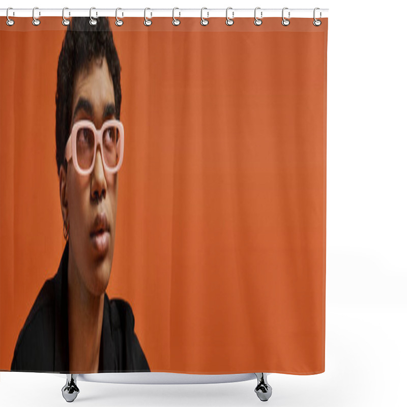 Personality  Handsome African American Man In Pink Glasses Against Orange Backdrop. Shower Curtains