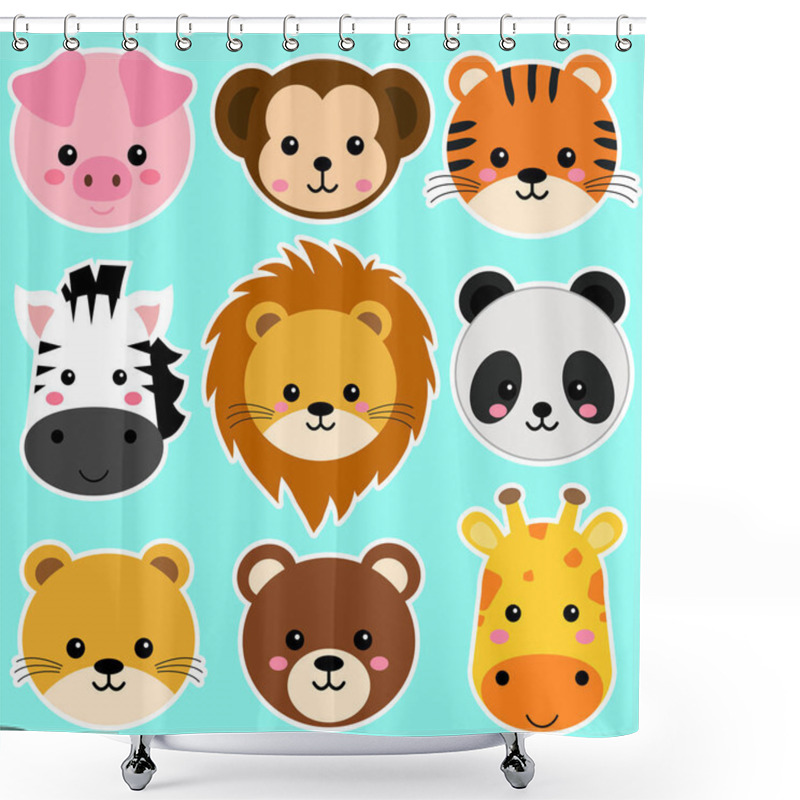 Personality  Cute Wild Animal Heads Set Including Lion, Tiger, Pig, Bear, Lioness, Panda, Monkey, Zebra, And Giraffe. Safari Jungle Animals Vector. Woodland Animal Illustration Shower Curtains