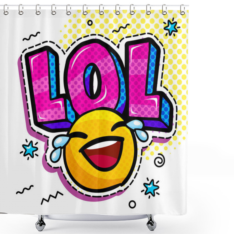 Personality  LOL In Comic Speech Bubble With Heart Emoji. Message In Pop Art Comic Style With Hand Drawn Smile. Vector Illustration. Shower Curtains