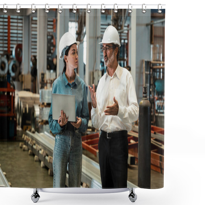 Personality  Factory Manager Or Executive Make Visit Metalwork Manufacturing Factory Tour And Inspect Heavy Steel Industrial Machinery Showcase Leadership Quality As Engineering Inspection Supervisor. Exemplifying Shower Curtains