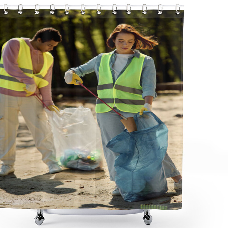 Personality  A Man And A Woman, A Socially Active, Diverse, And Loving Couple, Cleaning A Street Wearing Yellow Vests And Gloves. Shower Curtains