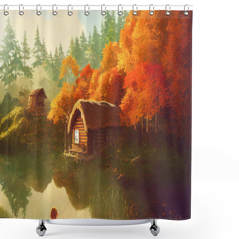 Personality  3D Render Digital Painting Of Cabin Near A River In The Redwood Forest. Autumn Wallpaper Theme. Shower Curtains