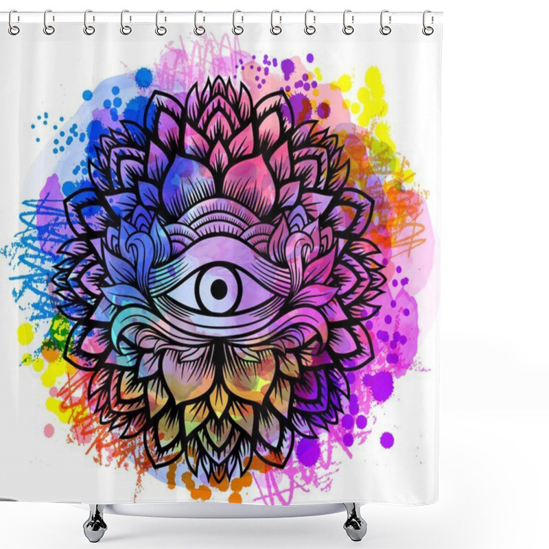 Personality  Third Eye With Floral Mandala Zentangle Hand Drawing Line Art Boho Chic Style. Best For Adult Coloring Book And Meditation Relax. Watercolor, Chalk, Pastels, Pencils Texture. T-shirt Design. Vector Shower Curtains