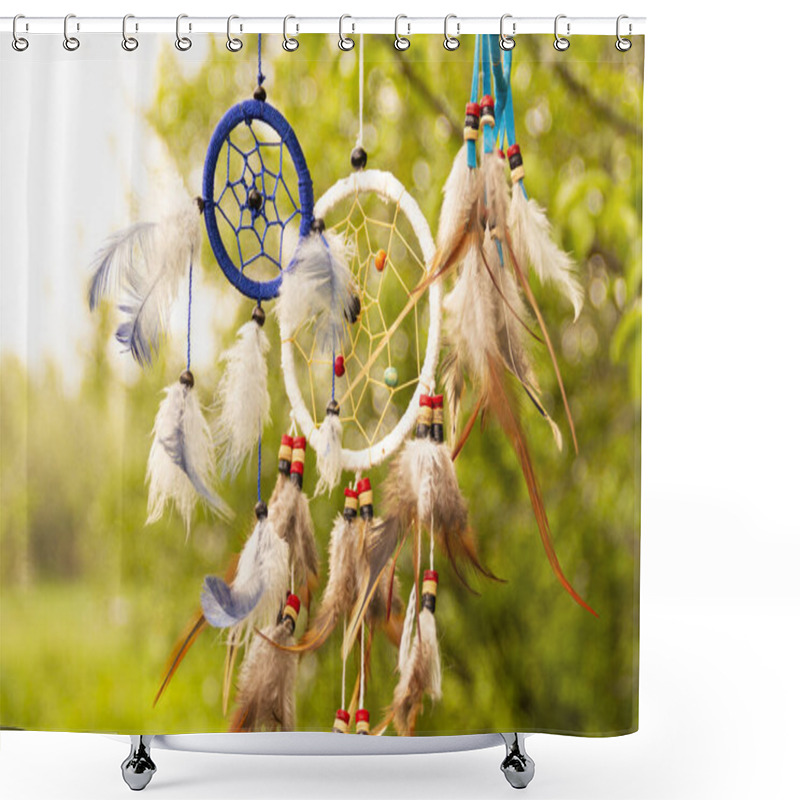 Personality  Dream Catchers Evolve In The Wind, Against A Blurred Green Background Of Plants With Copy Space, Symbol, Tradition, Signs. Boho Style Shower Curtains