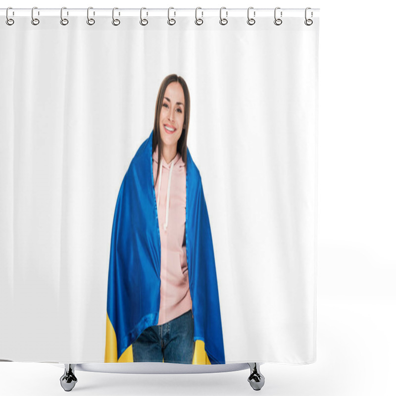 Personality  Happy Young Girl Holding Satin Flag Of Ukraine Isolated On White Shower Curtains