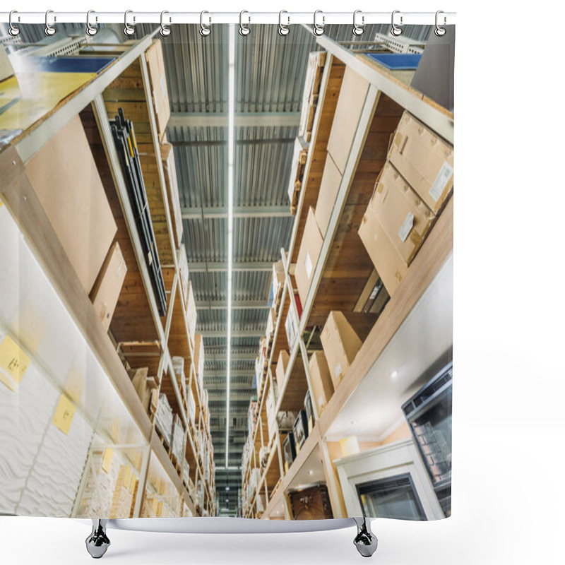 Personality  Bottom View Of Shelves With Boxes In Warehouse Shower Curtains