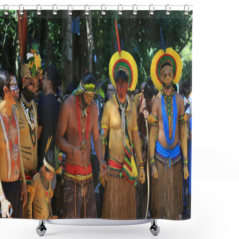 Personality  Porto Seguro, Bahia, Brazil - August 1, 2023: Etina Pataxo Indians Seen During The Aragwaka Festival In The Jaqueira Village In The City Of Porto Seguro. Shower Curtains