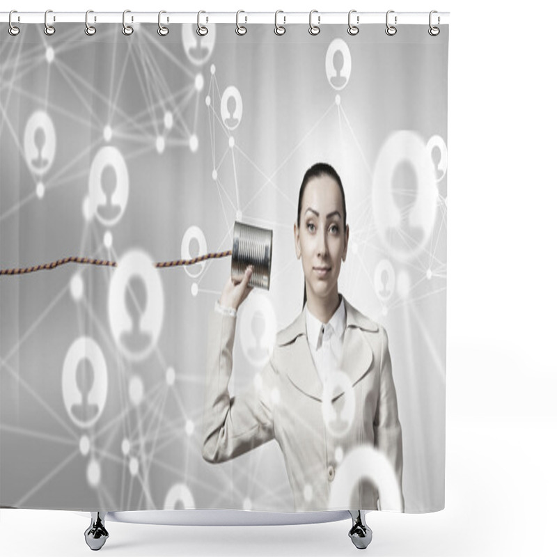 Personality  Woman Using Deaf Phone . Mixed Media Shower Curtains