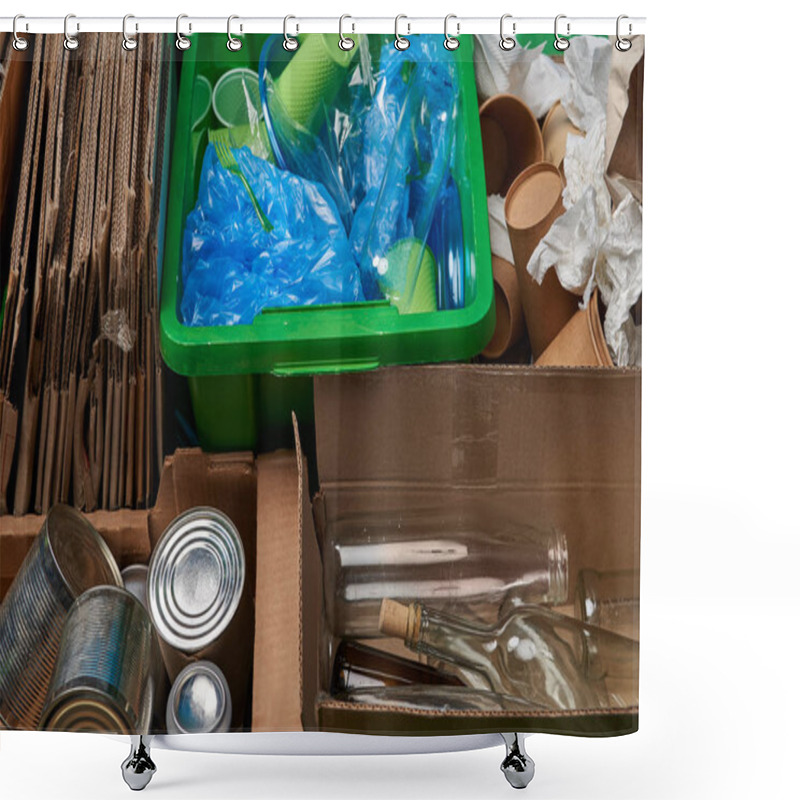 Personality  Sorted Trash Of Cardboard, Glass And Plastic Bottles, Polyethylene, Cups, Paper, Iron Cans Shower Curtains