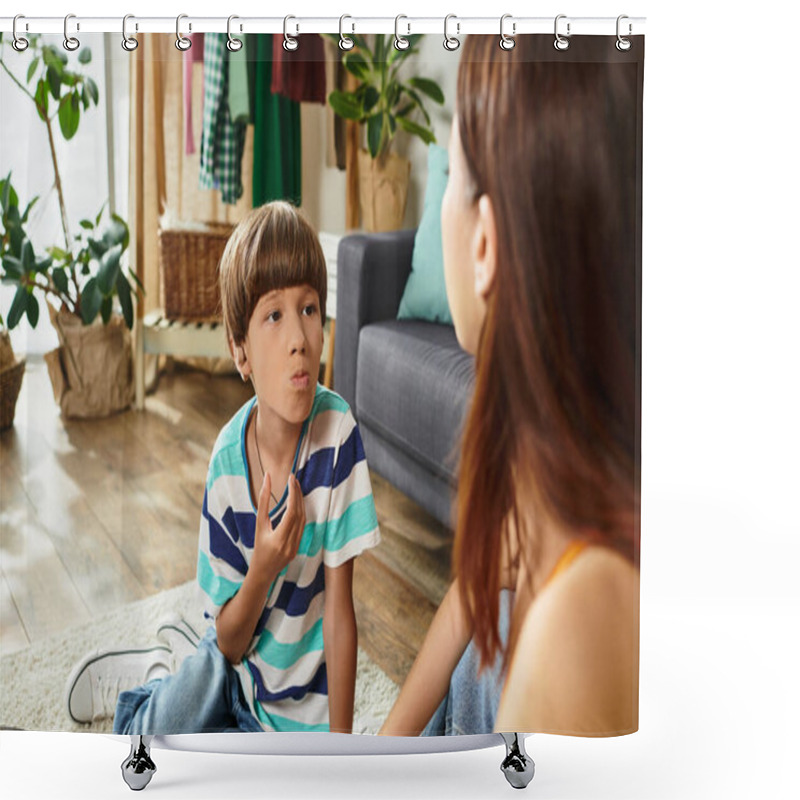 Personality  A Little Boy With Hearing Difficulties Communicates With His Mother In A Warm Environment. Shower Curtains