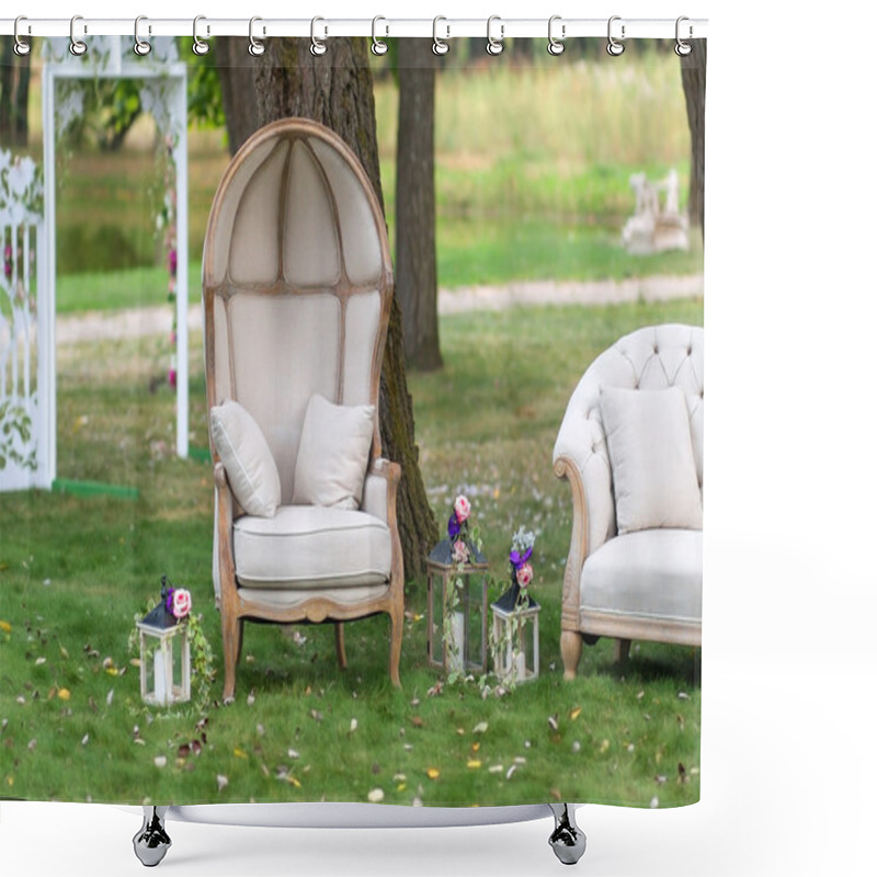 Personality  Chair In A Beautiful Park Surrounded By Lanterns Shower Curtains