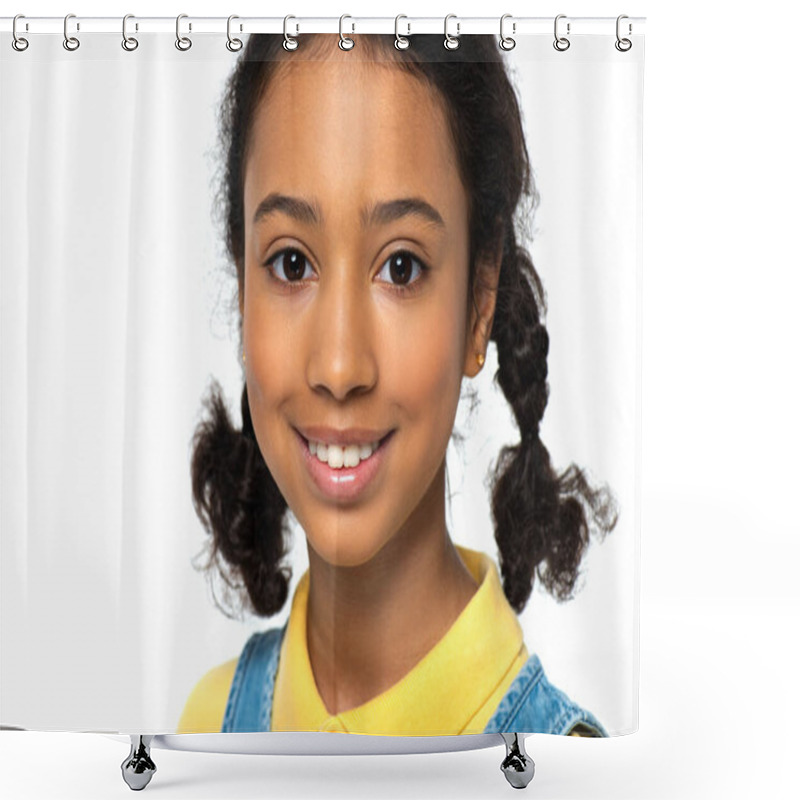 Personality  Smiling African American Child Looking At Camera Isolated On White  Shower Curtains