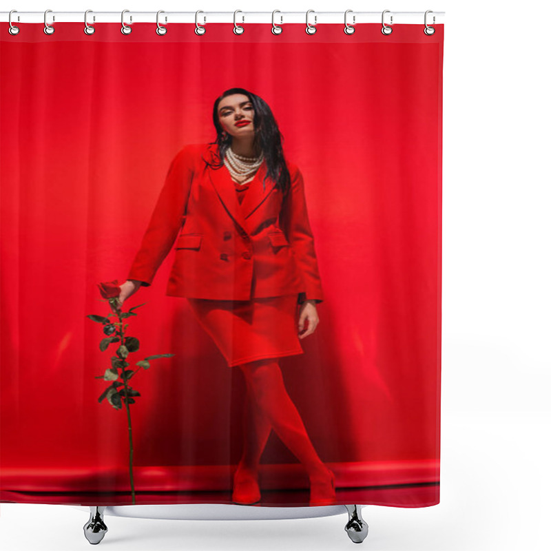 Personality  Full Length Of Trendy Brunette Woman In Pearl Necklace Holding Rose And Looking At Camera On Red Background  Shower Curtains