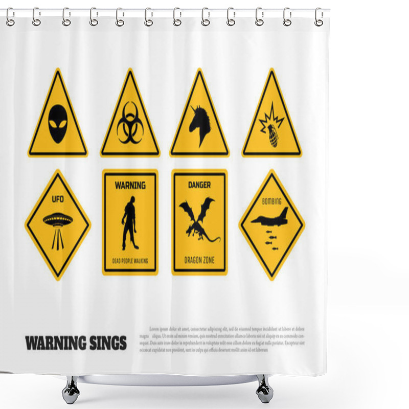 Personality  Comic Fantasy Yellow Warning Signs. Set Of Danger Stickers And Icons Shower Curtains