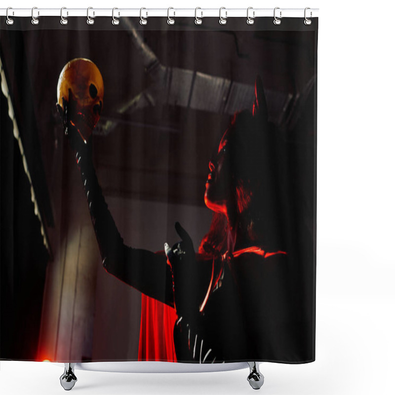 Personality  A Striking Woman Dressed In A Halloween Costume Holds A Skull, Backlit By A Mysterious Glow. Shower Curtains