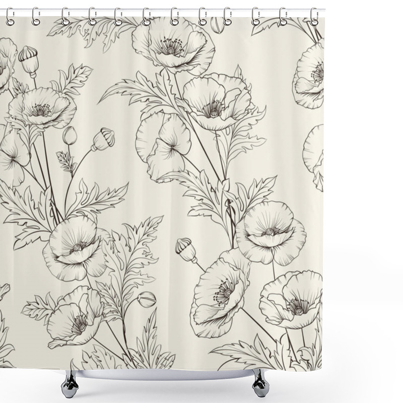 Personality  Pattern Of Poppy Flowers On A Gray Background. Vector Illustration. Shower Curtains