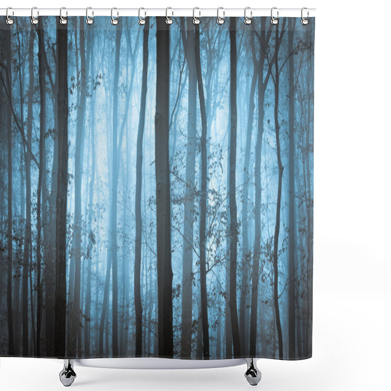 Personality  Dark Blue Spooky Forrest With Trees In Fog Shower Curtains