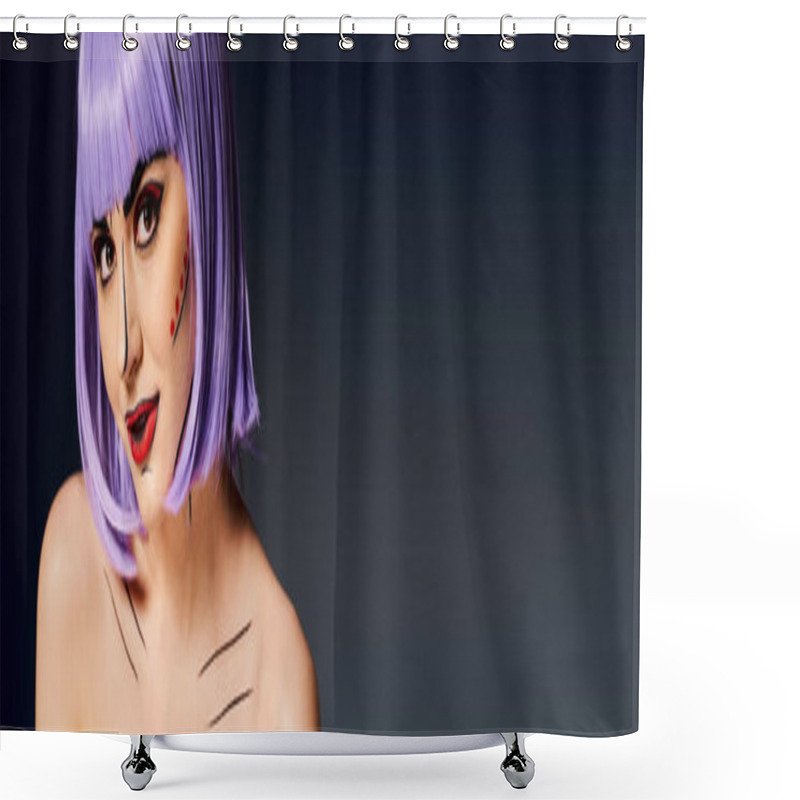 Personality  A Stylish Woman With Purple Hair And Bold Pop Art Makeup, Exuding A Character From Comic Books, Against A Sleek Black Backdrop. Shower Curtains