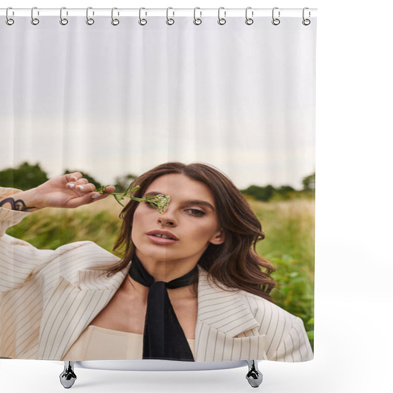 Personality  A Beautiful Young Woman In A White Jacket And Black Tie, Standing In A Field, Feeling The Summer Breeze. Shower Curtains