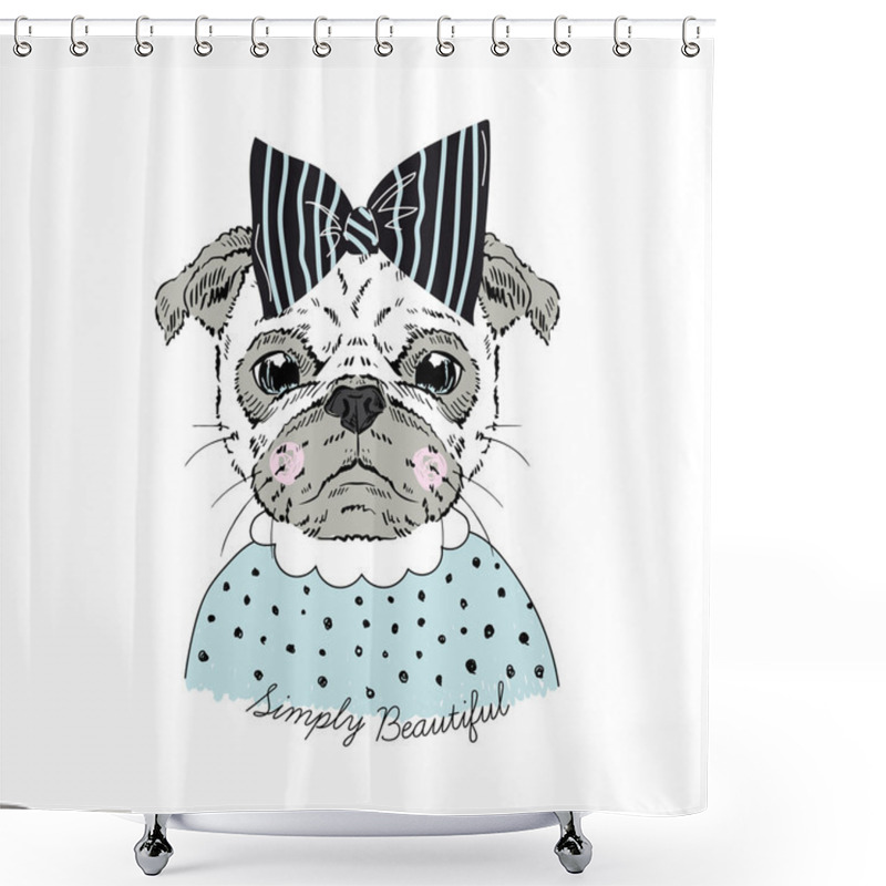 Personality  Pug Doggy With Black Bow Shower Curtains