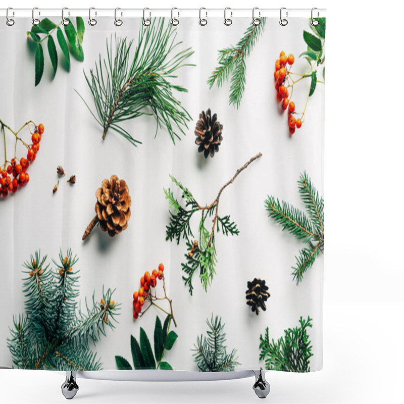 Personality  Flat Lay With Winter Arrangement Of Pine Tree Branches, Cones And Sea Buckthorn On White Backdrop Shower Curtains