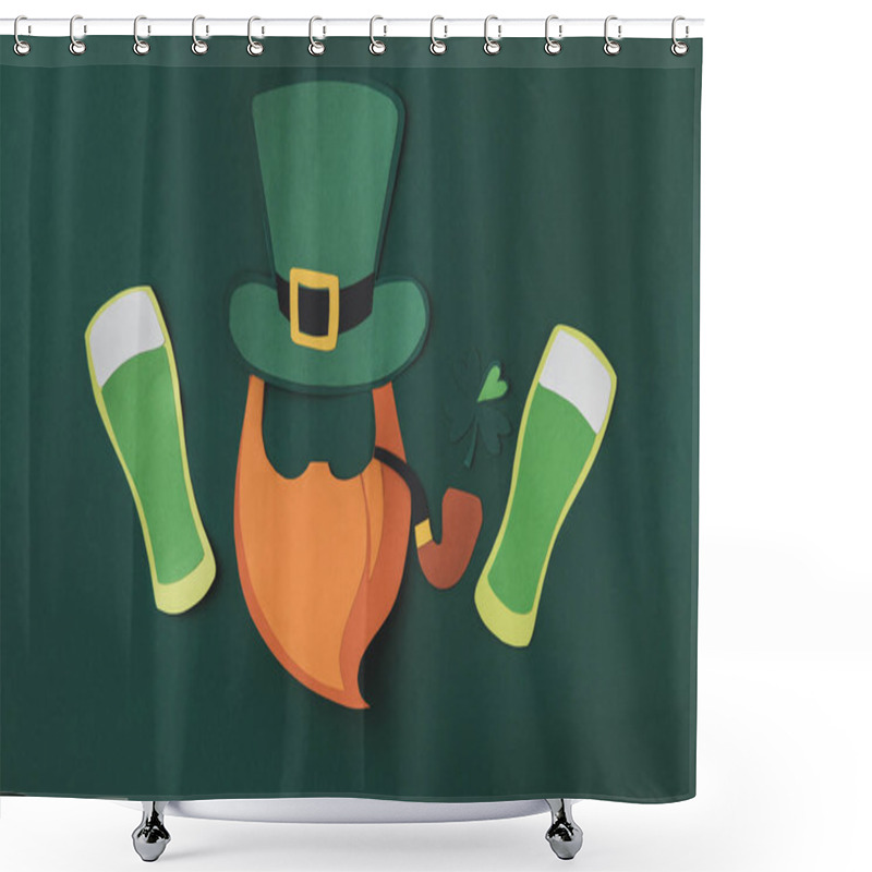 Personality  Top View Of Paper Decoration Of Leprechaun And Beer For St Patricks Day Isolated On Green Shower Curtains