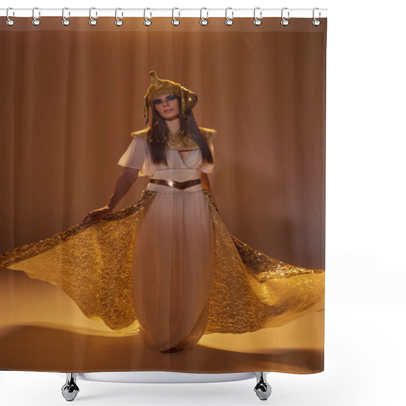 Personality  Full Length Of Woman In Egyptian Attire Holding Elegant Skirt While Standing On Brown Background Shower Curtains