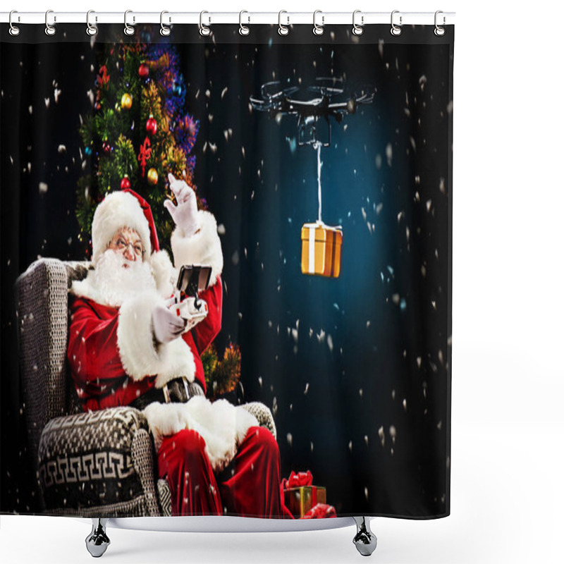 Personality  Santa Claus Using Drone Shower Curtains