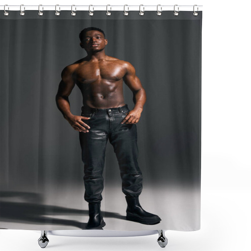 Personality  A Young, Handsome African American Man Poses Confidently Without A Shirt, Showcasing Toned Muscles And Stylish Black Pants. Shower Curtains