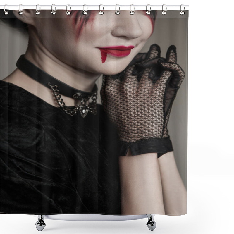 Personality  Young Beautiful Gothic Woman With White Skin And Red Lips. Halloween Makeup. Shower Curtains