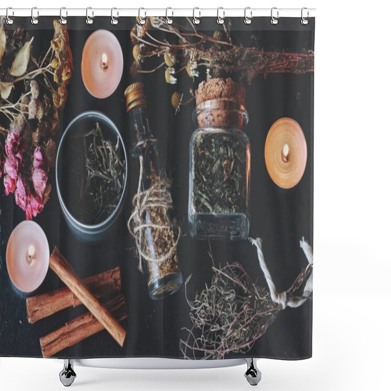 Personality  Flat Lay Of Kitchen Witchery Using Herbs And Spices Found At Home. Herbal Magick In Wicca And Witchcraft. Glass Jars Filled With Dried Herbs And Spices, Cinnamon, Thyme, Flowers, Roses, Camomile, Burning Lit White Candles On A Black Table Surface Shower Curtains