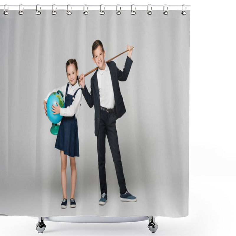 Personality  Happy Schoolboy Holding Pointing Stick Near Smiling Girl In Dress With Globe On Grey  Shower Curtains