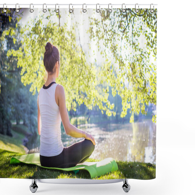 Personality  Young Woman Meditating While Sitting On Yoga Carpet In Morning Park Near Lake, Concept Of Workout At Street   Shower Curtains