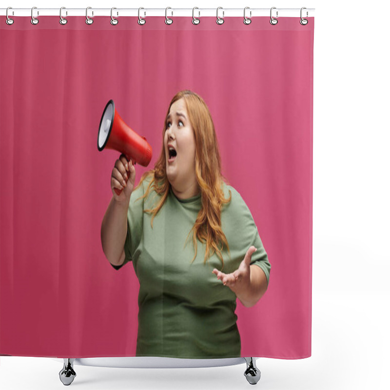 Personality  A Woman With Long Red Hair And A Green Shirt Holds A Megaphone And Shouts. Shower Curtains