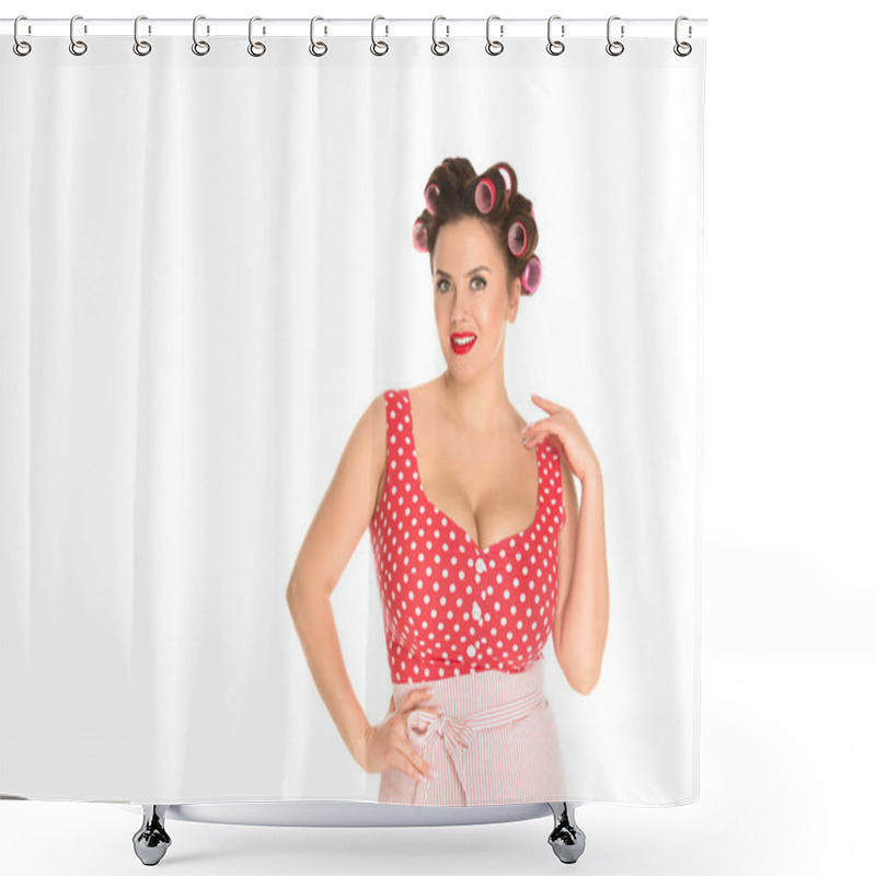 Personality  Attractive Plus Size Housewife In Red Dress With Curlers In Hair Isolated On White Shower Curtains